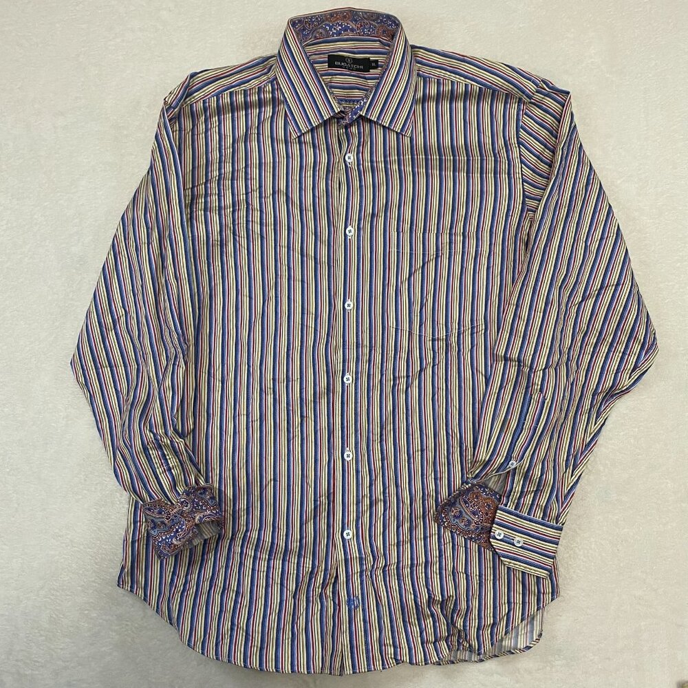 Bugatchi Uomo Dress Shirt Men's XL Blue Red Striped Flip Cuff Cotton Button Up